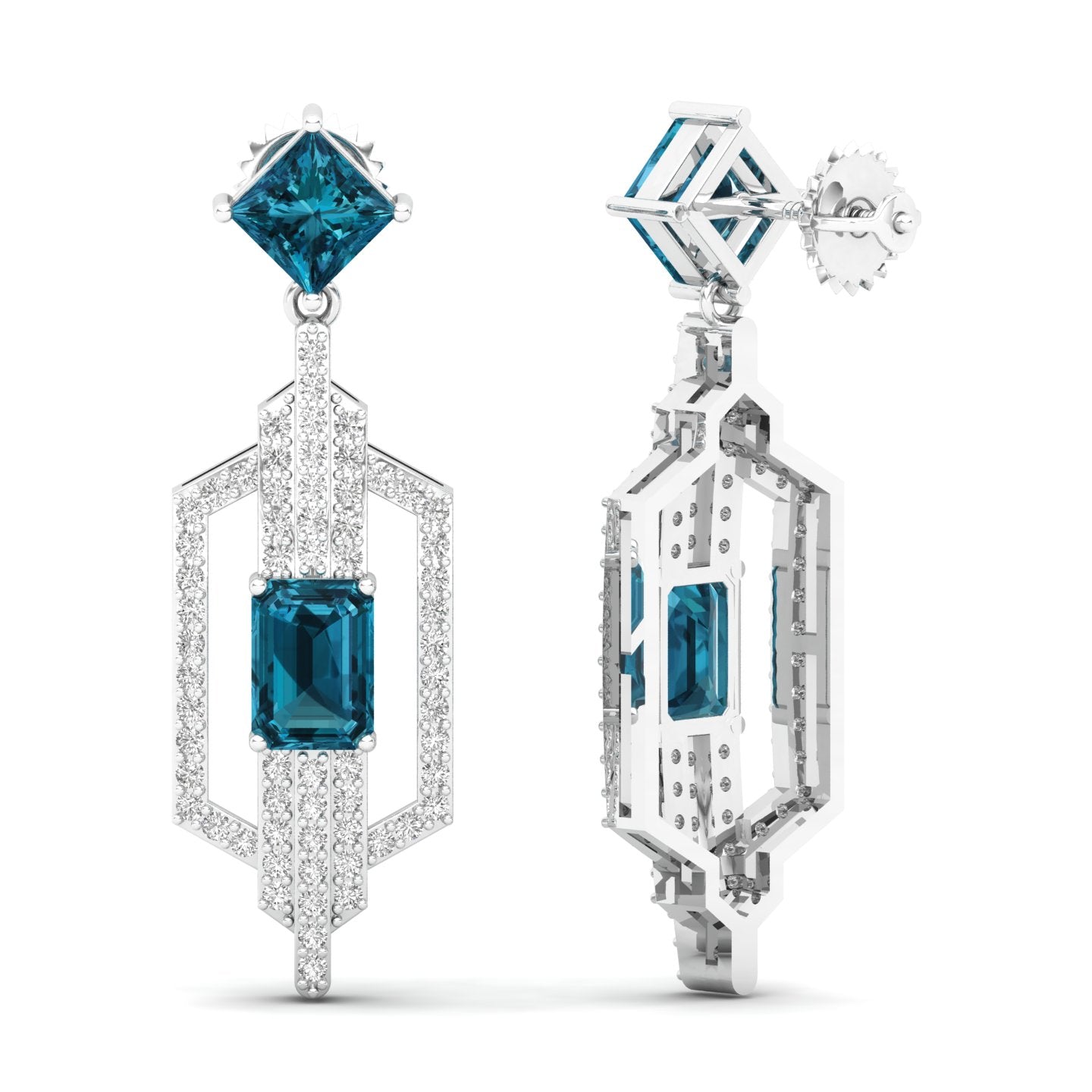 Maurya Blue Topaz Telum Dangle Earrings with Diamonds