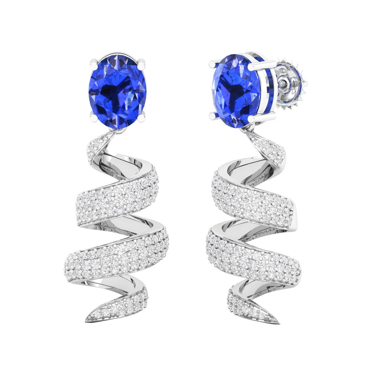 Maurya Blue Sapphire Spiral Push Back Earrings with Diamonds