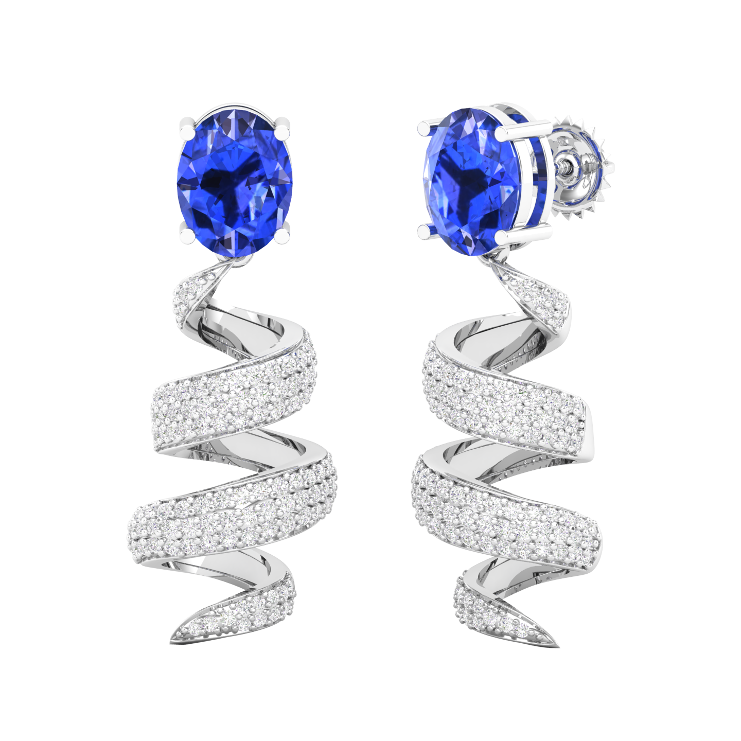 Maurya Blue Sapphire Spiral Push Back Earrings with Diamonds