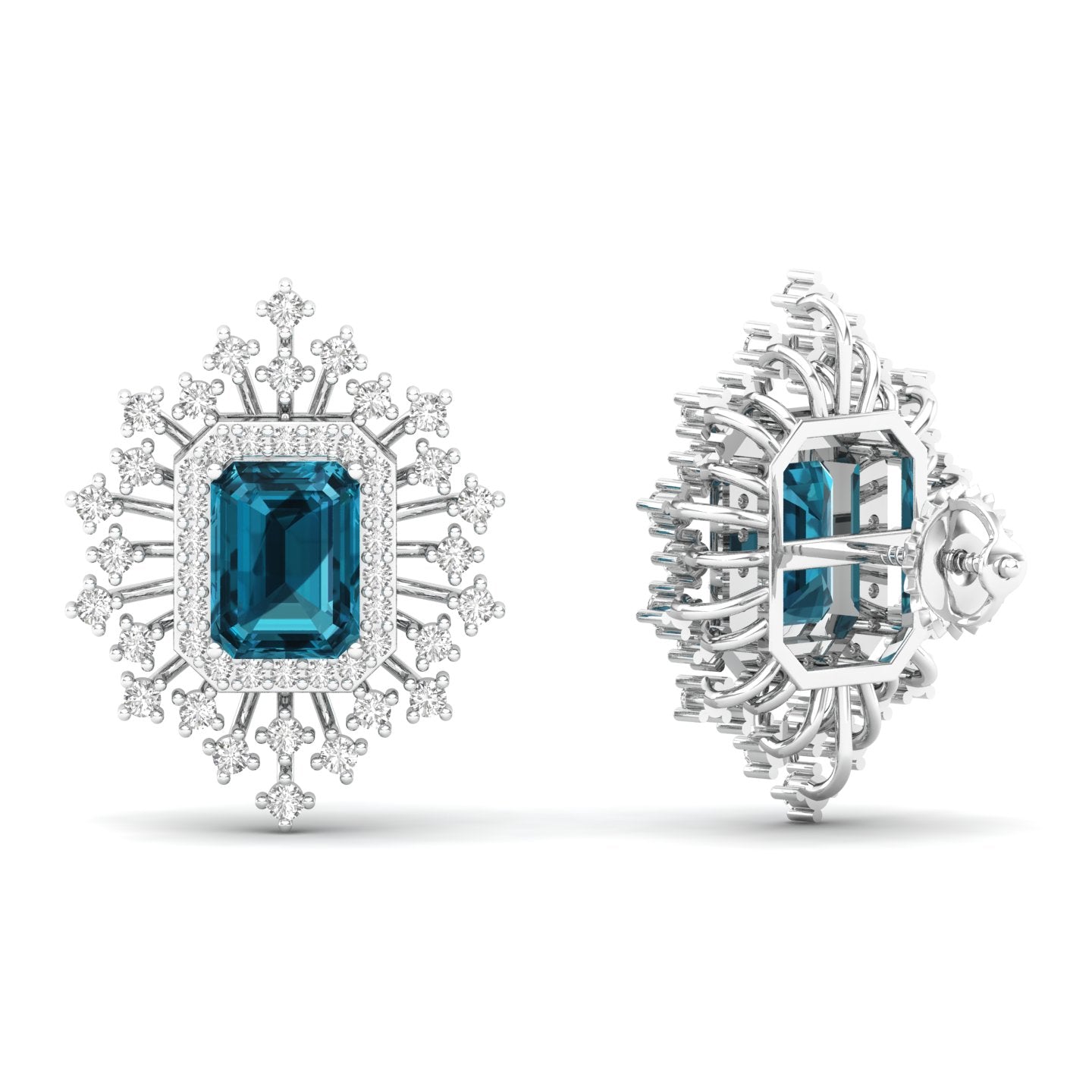 Maurya Blue Sapphire Nebula Pushback Earrings with Diamond Halo