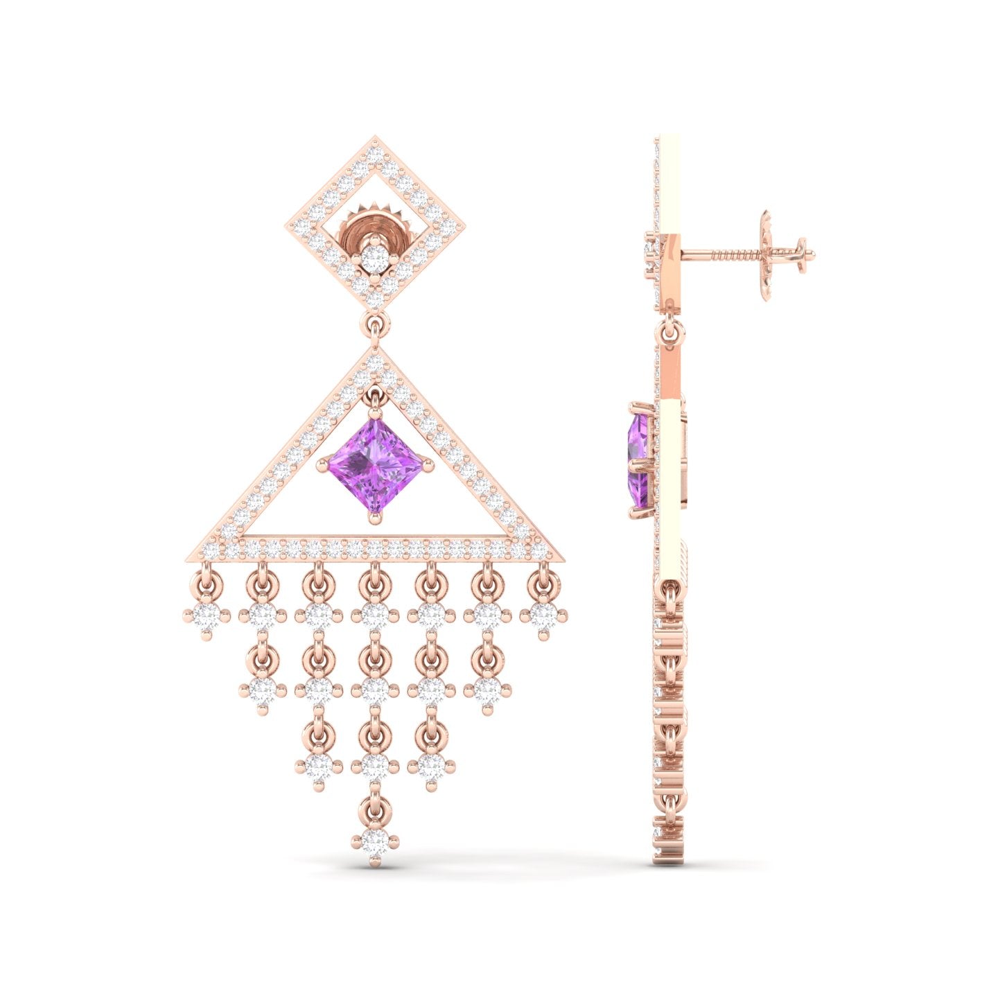 Maurya Brillar Pink Amethyst Dangle Earrings with Diamonds