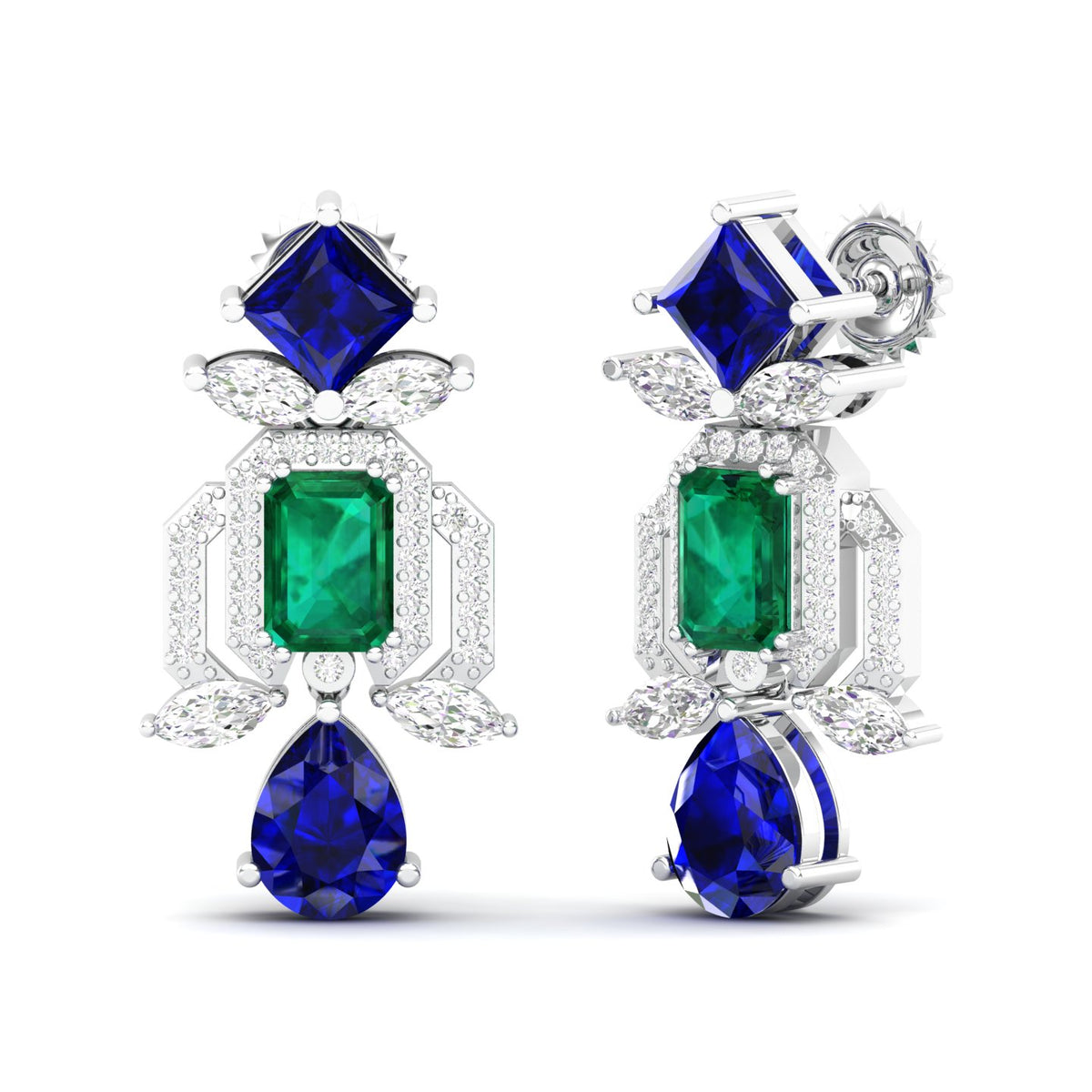 Maurya Blue Sapphire Kaiser Drop Earrings with Emeralds and Diamonds