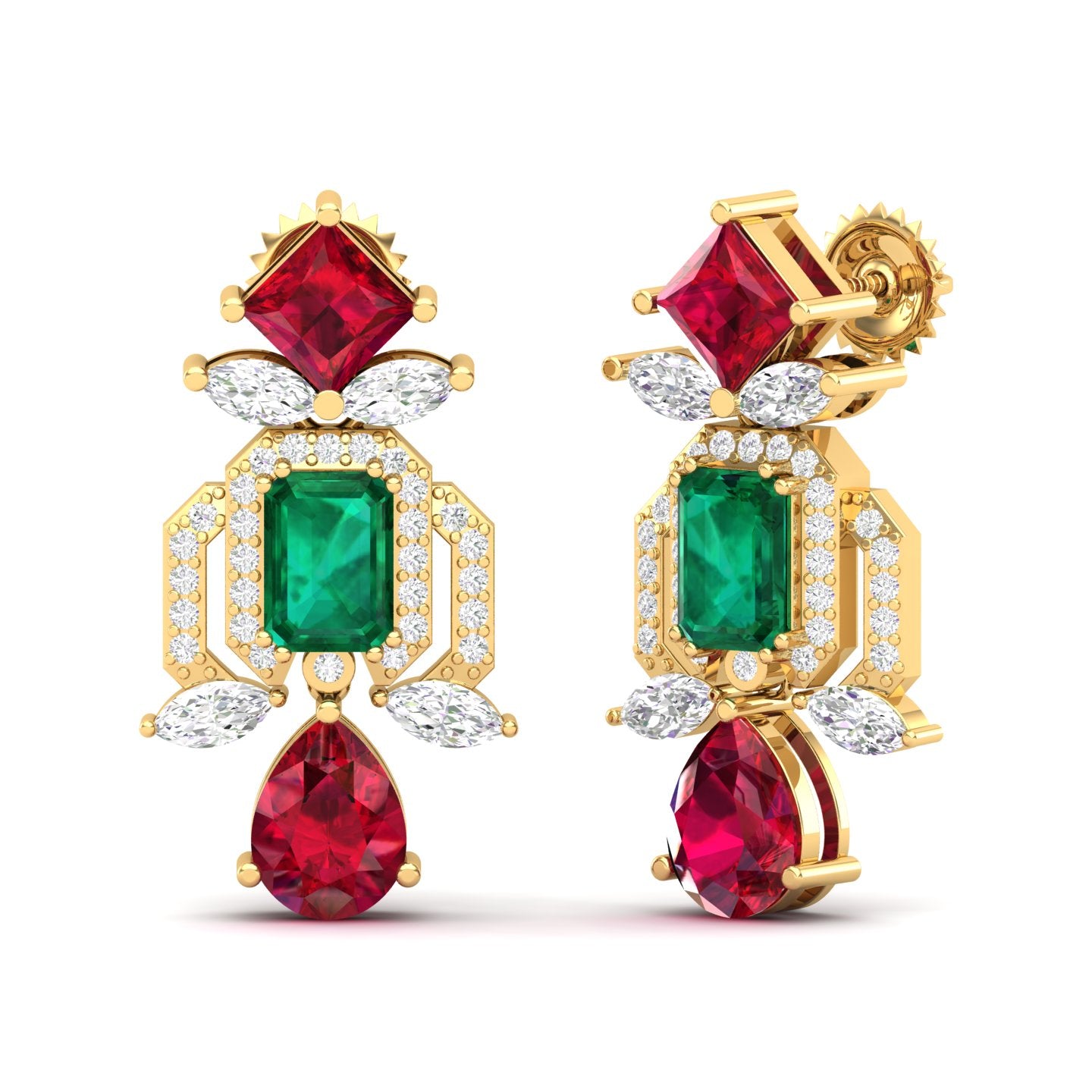 Maurya Blue Sapphire Kaiser Drop Earrings with Emeralds and Diamonds