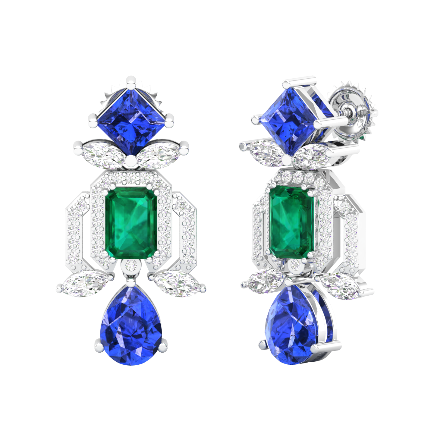 Maurya Blue Sapphire Kaiser Drop Earrings with Emeralds and Diamonds