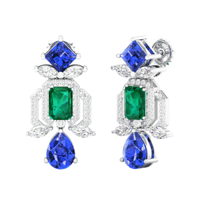 Maurya Blue Sapphire Kaiser Drop Earrings with Emeralds and Diamonds