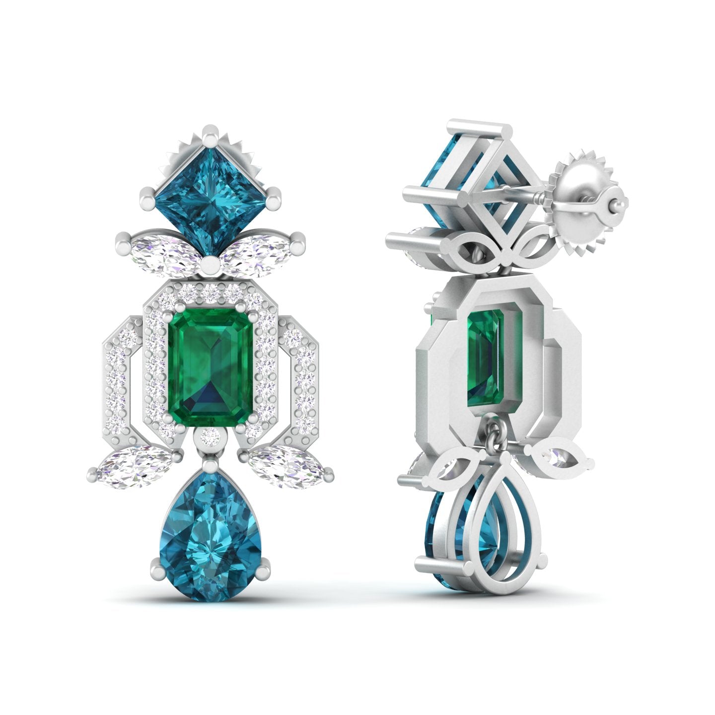 Maurya Blue Sapphire Kaiser Drop Earrings with Emeralds and Diamonds