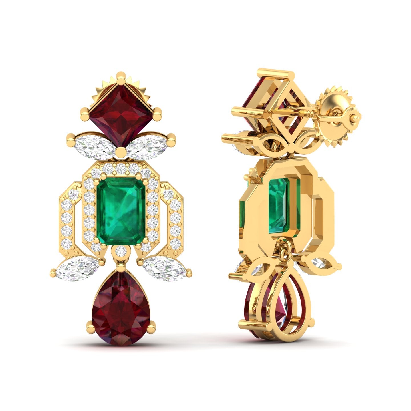 Maurya Blue Sapphire Kaiser Drop Earrings with Emeralds and Diamonds