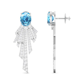 Maurya Blue Topaz Pyre Fashion Earrings with Pave Set Diamonds