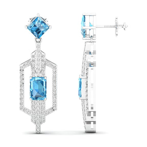 Maurya Blue Topaz Telum Dangle Earrings with Diamonds