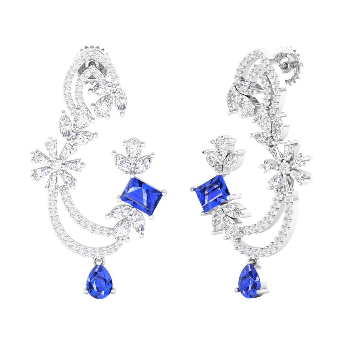 Maurya Blue Sapphire Flounce Drop Earrings with Diamonds