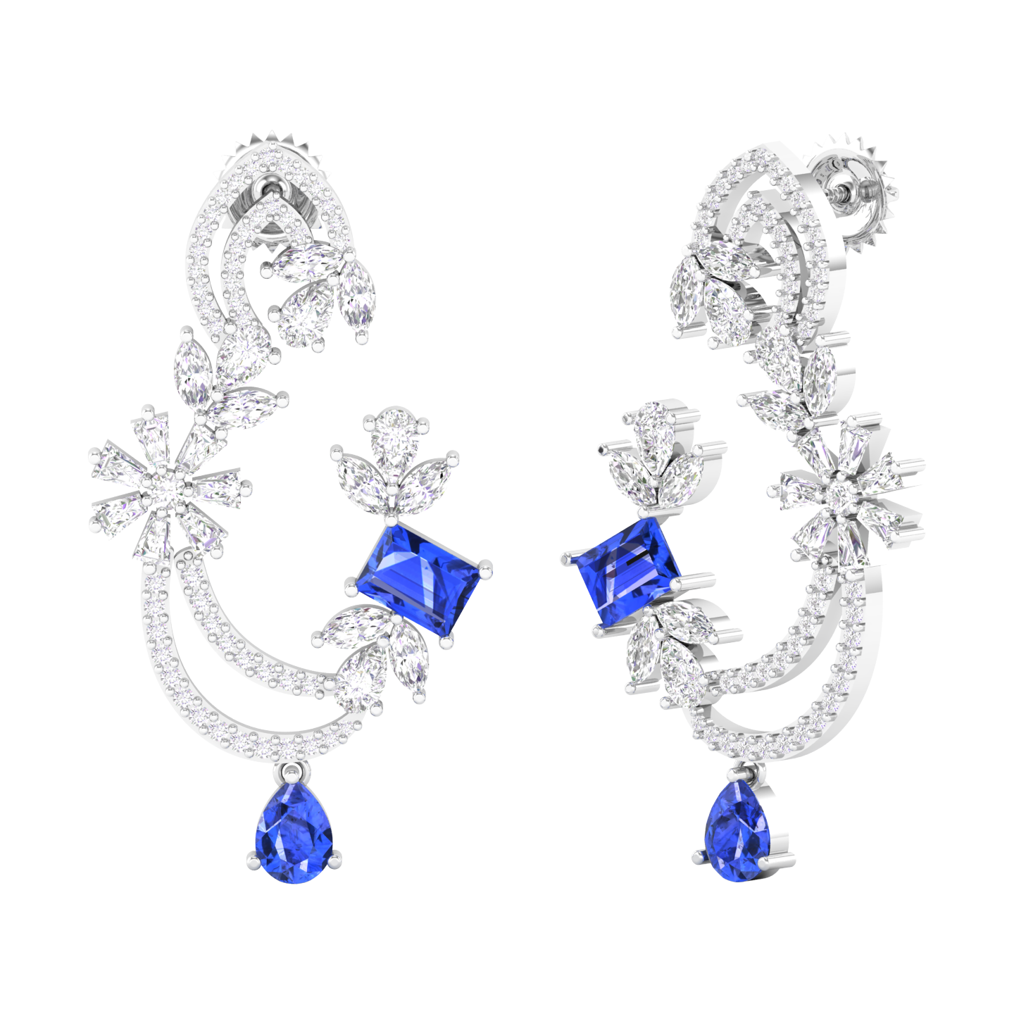 Maurya Blue Sapphire Flounce Drop Earrings with Diamonds