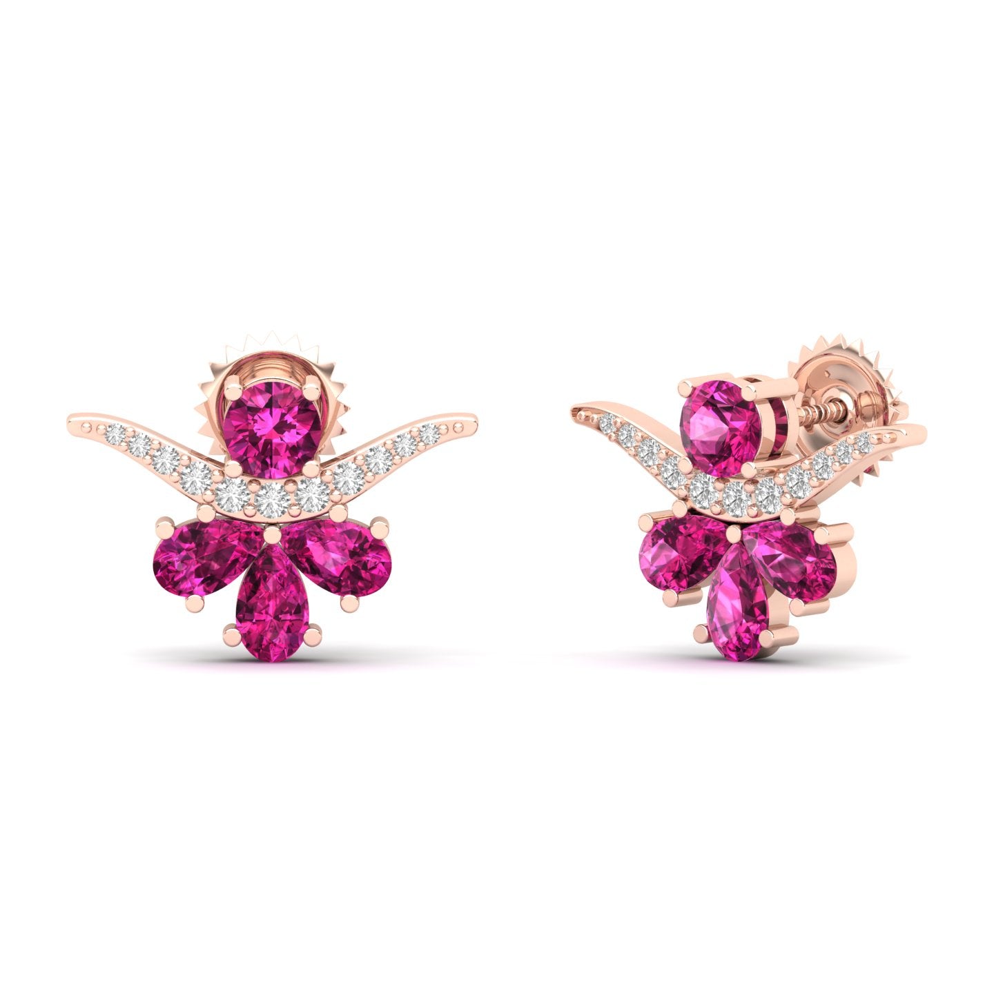 Maurya Bull Horn Ruby Push Back Earrings with Diamonds