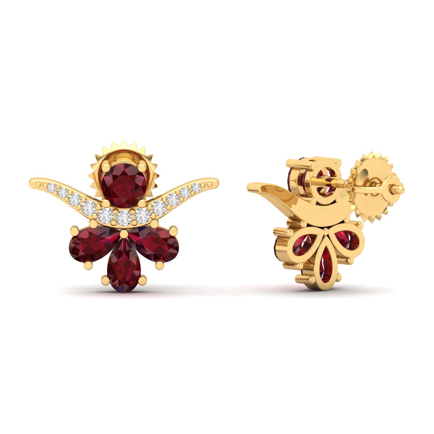 Maurya Bull Horn Ruby Push Back Earrings with Diamonds