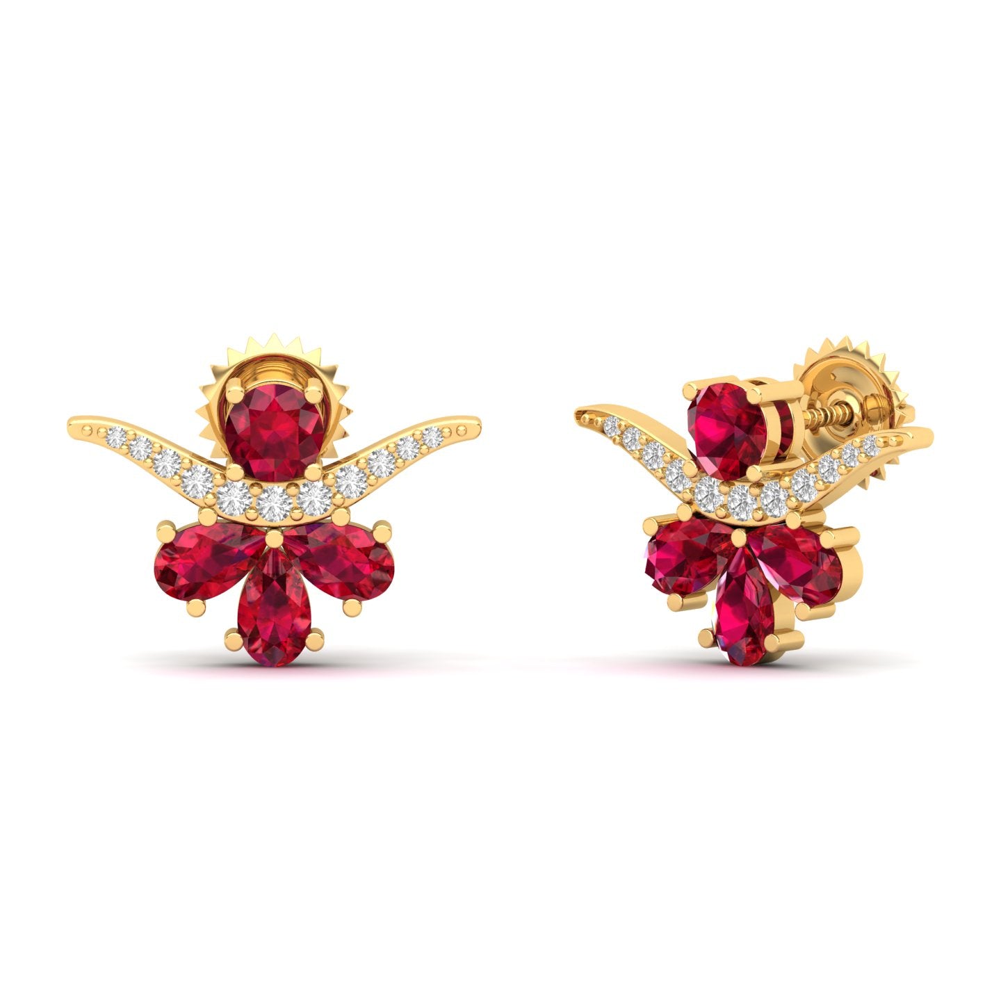 Maurya Bull Horn Ruby Push Back Earrings with Diamonds