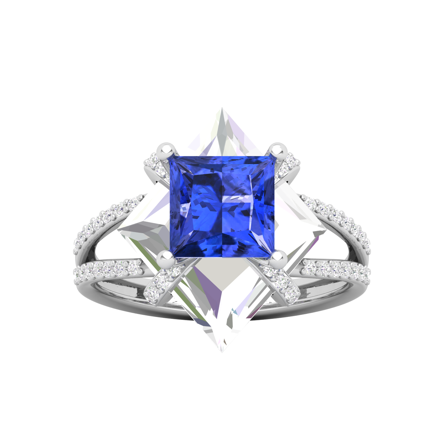 Maurya Color in Water Blue Sapphire Split Shank Engagement Ring with Diamonds