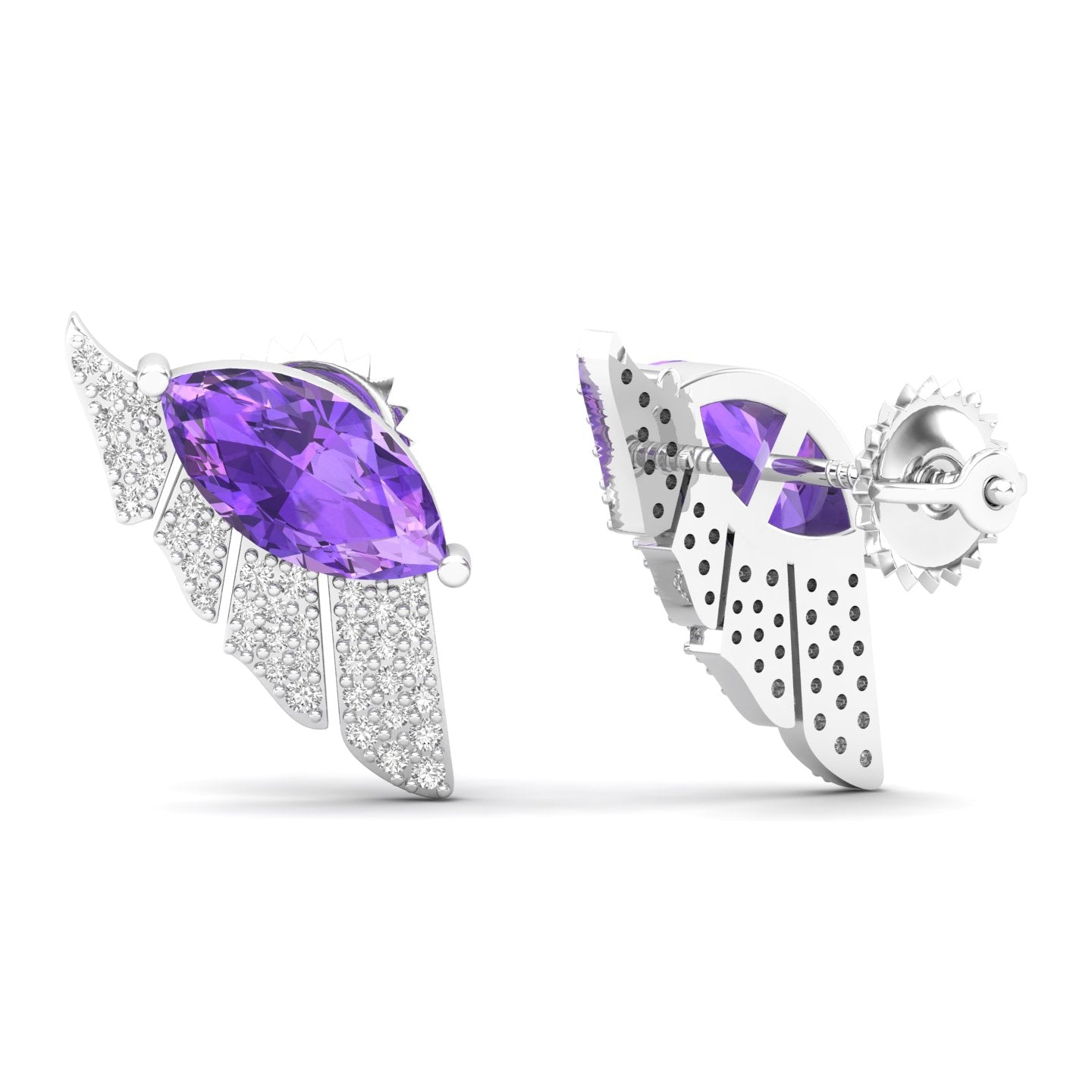 Maurya Amethyst Wings Push Back Earrings with Diamonds