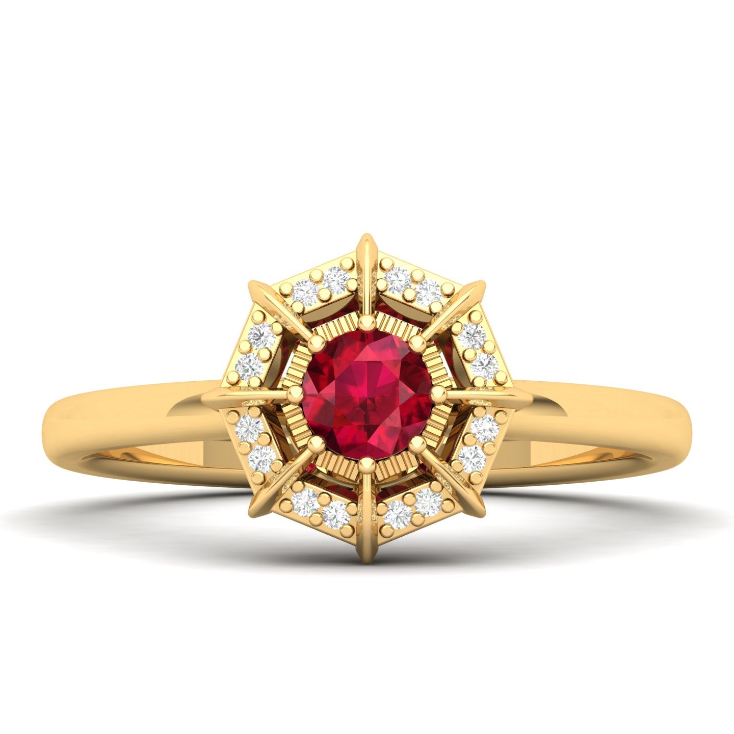 Maurya Solitaire Ruby Light in the Dark Promise Ring with Diamond Halo