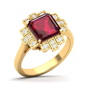 Maurya Asscher Cut Garnet Solitaire Firecracker Engagement Ring with Diamonds