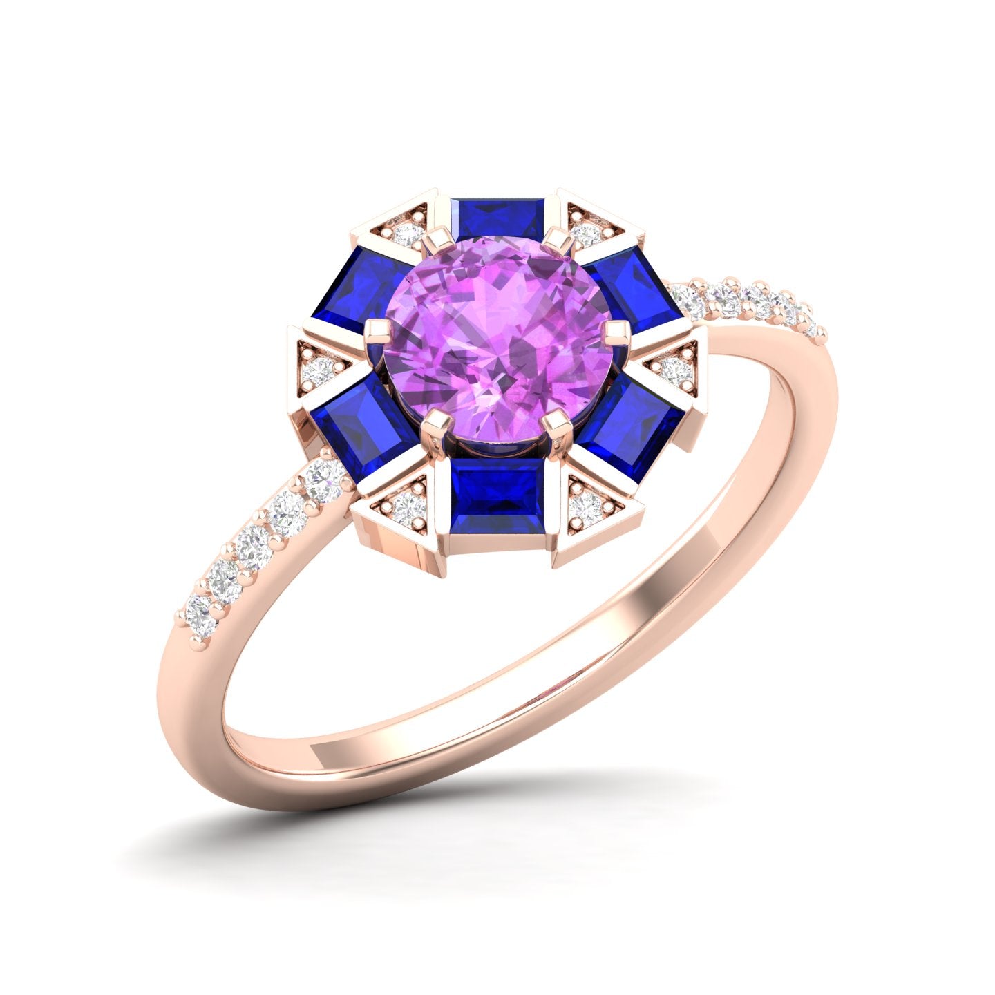 Maurya Spiritual Center Pink Amethyst Halo Engagement Ring with Diamond and Sapphire