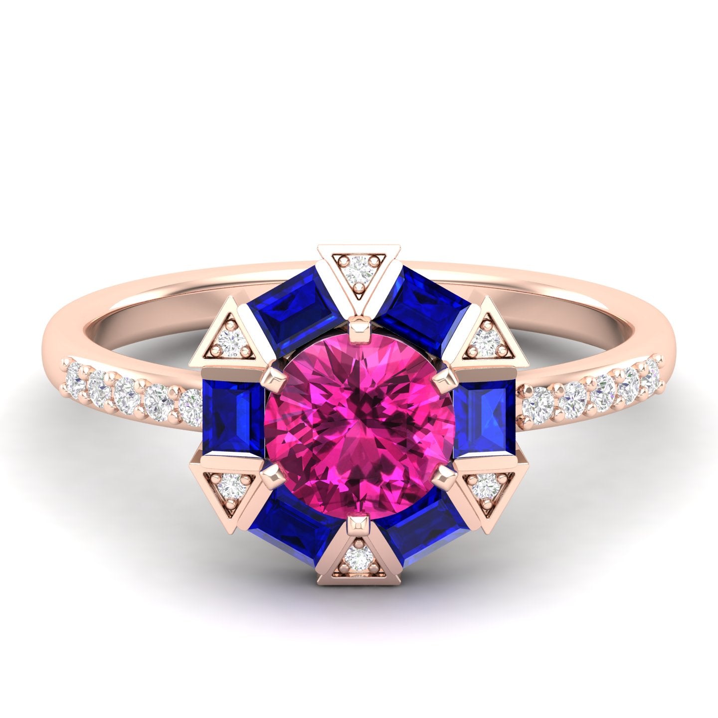 Maurya Spiritual Center Pink Amethyst Halo Engagement Ring with Diamond and Sapphire