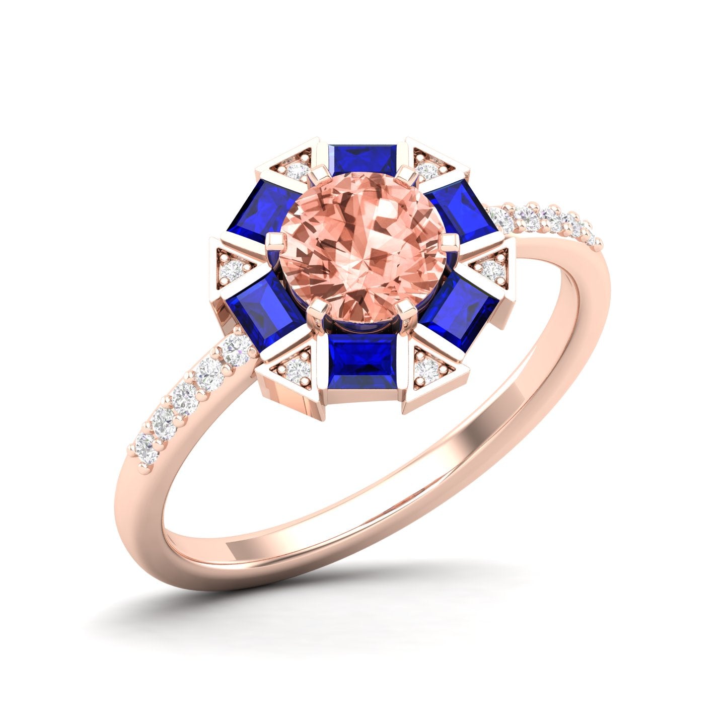 Maurya Spiritual Center Pink Amethyst Halo Engagement Ring with Diamond and Sapphire