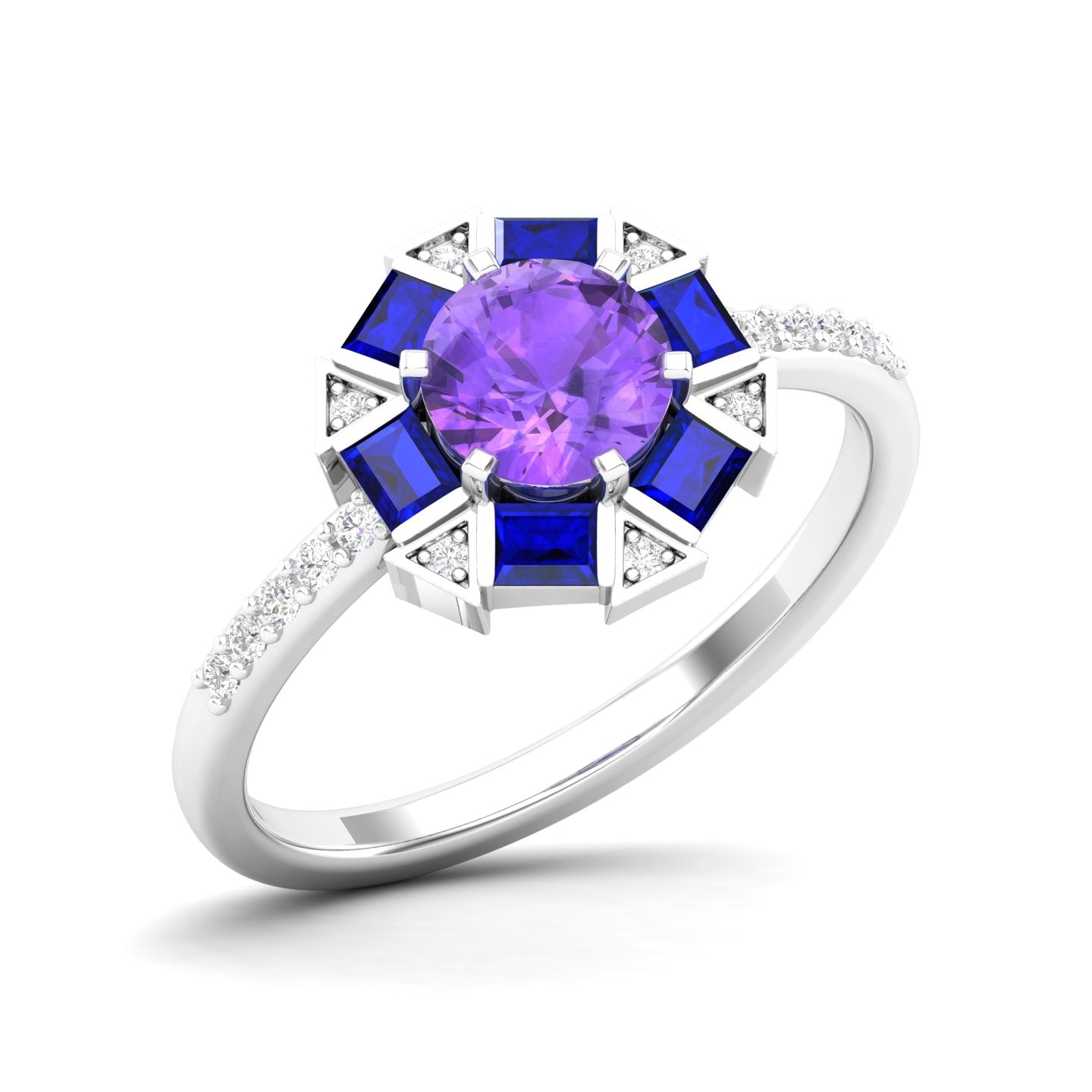 Maurya Spiritual Center Pink Amethyst Halo Engagement Ring with Diamond and Sapphire