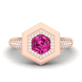 Maurya Honeydew Hexagon Solitaire Ruby Engagement Ring with Diamond Halo