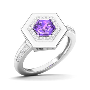 Maurya Honeydew Hexagon Solitaire Ruby Engagement Ring with Diamond Halo