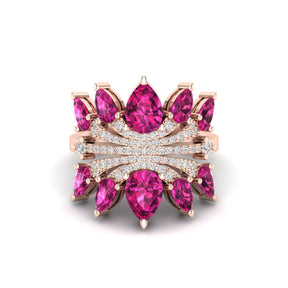 Maurya Graduated Pink Amethyst Lotus Cocktail Ring with Accent Diamonds