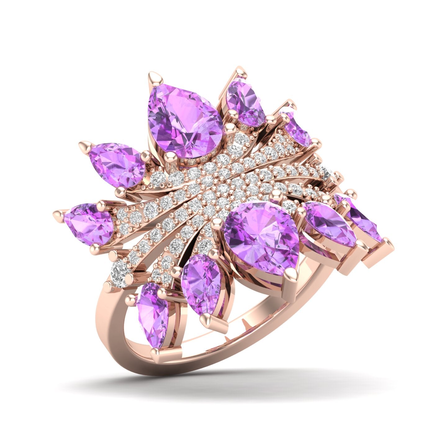 Maurya Graduated Pink Amethyst Lotus Cocktail Ring with Accent Diamonds