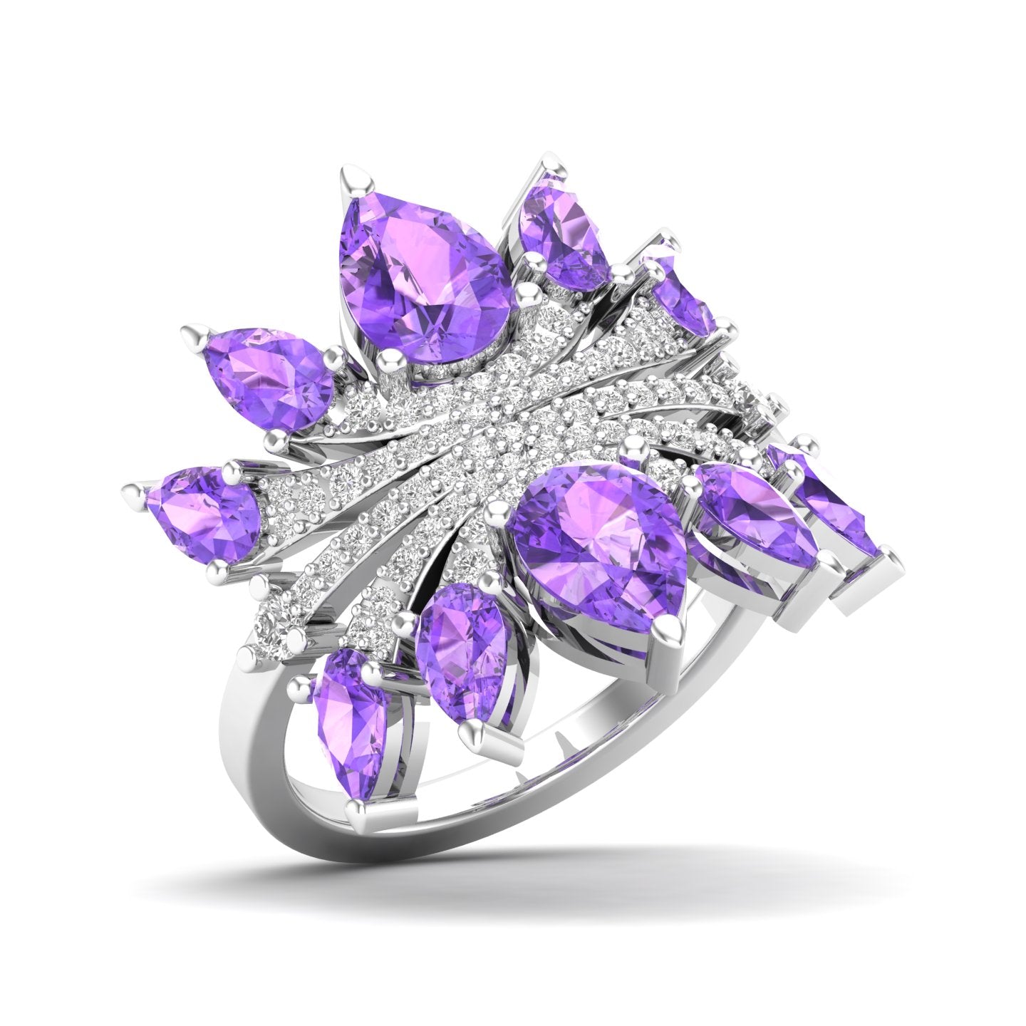 Maurya Graduated Pink Amethyst Lotus Cocktail Ring with Accent Diamonds