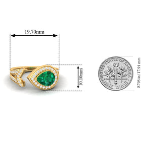 Maurya Pear Emerald Open Living Leaf Engagement Ring with Diamond Halo