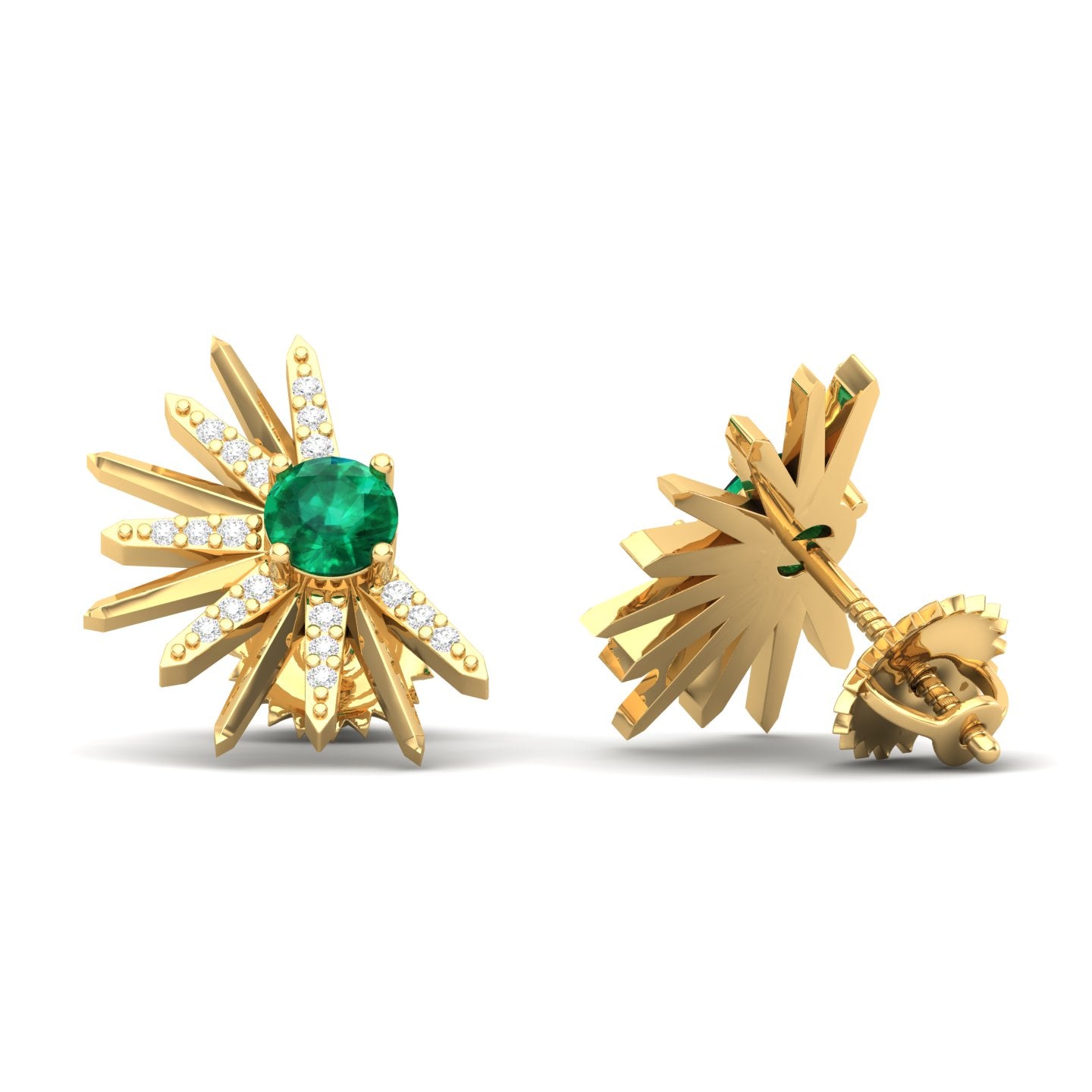 Maurya Emerald Rays From The Center Push Back Earrings with Diamonds