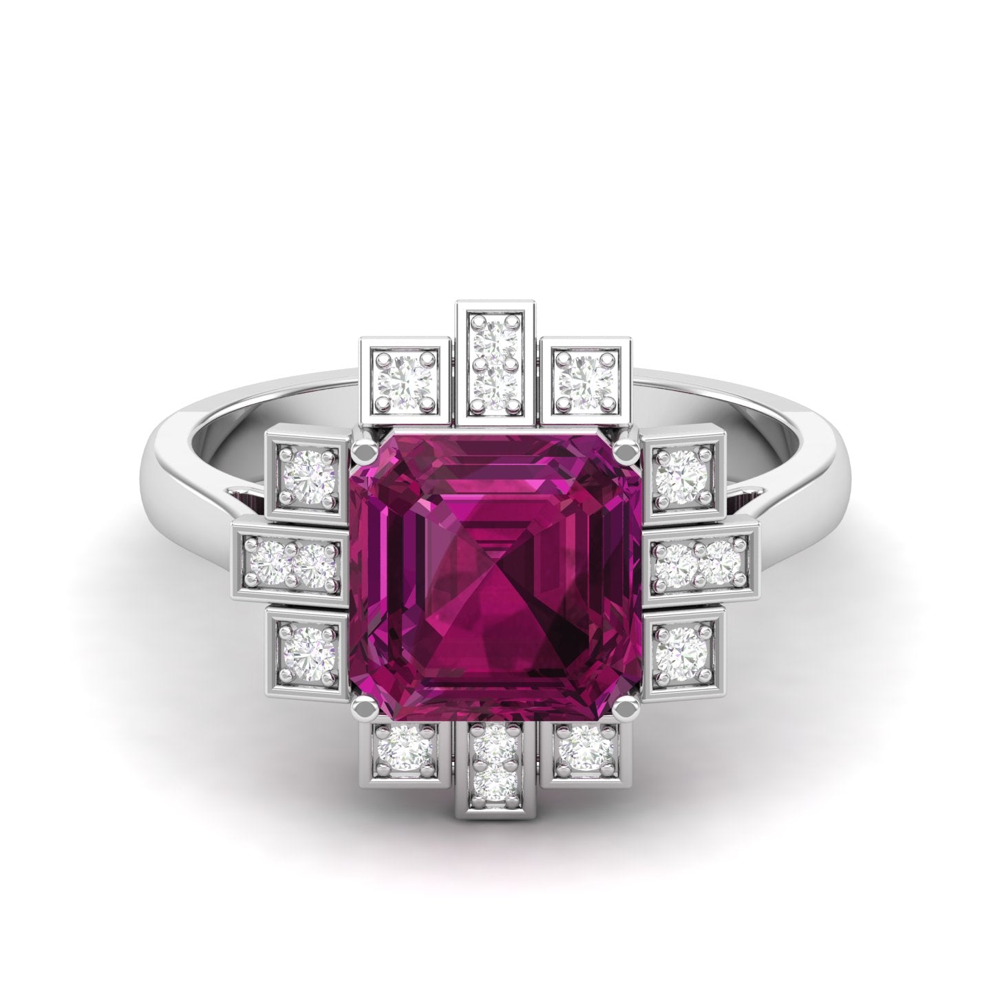 Maurya Asscher Cut Garnet Solitaire Firecracker Engagement Ring with Diamonds