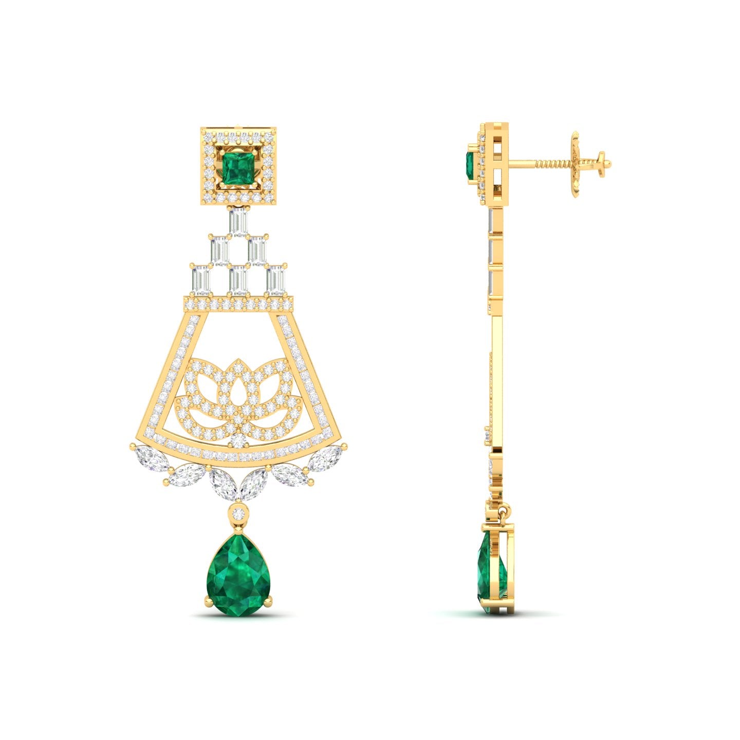 Maurya Trug Drop Earrings with Emeralds and Fancy Cut Diamonds