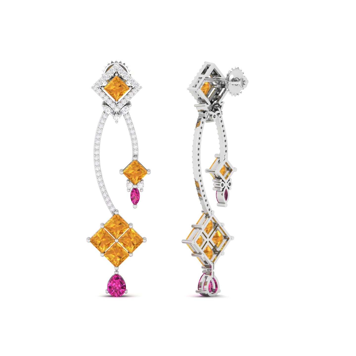 Maurya Palazzo Citrine Drop Earrings with Pink Amethyst and Diamonds