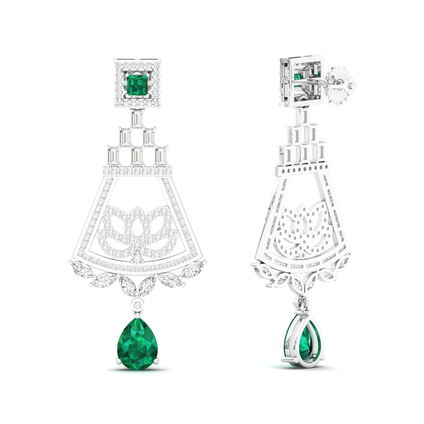 Maurya Trug Drop Earrings with Emeralds and Fancy Cut Diamonds