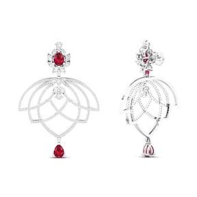 Maurya Peony Ruby Chandelier Drop Earrings with Pave-Set Diamonds
