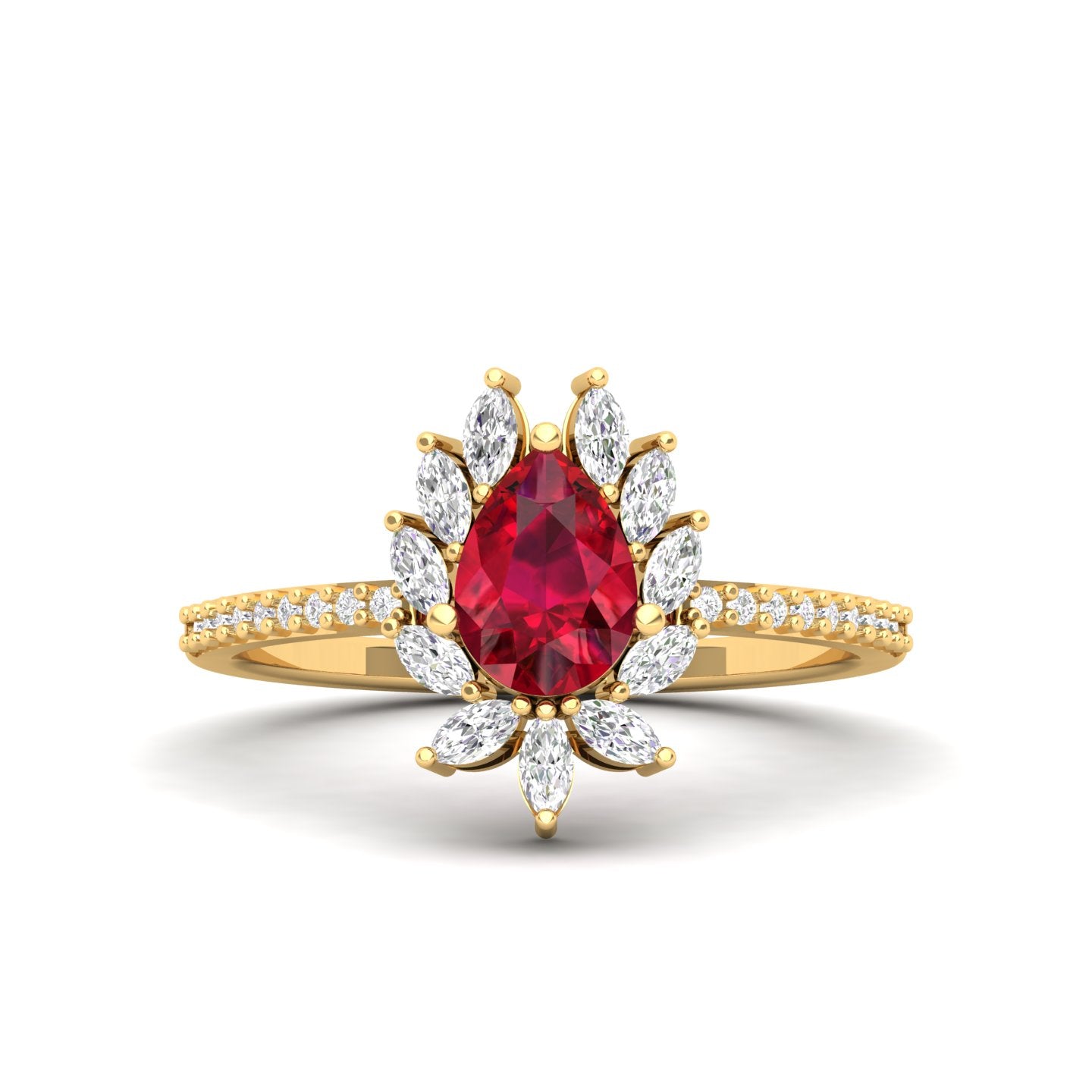 Maurya Solitaire Ruby Padma Engagement Ring with Diamond Halo