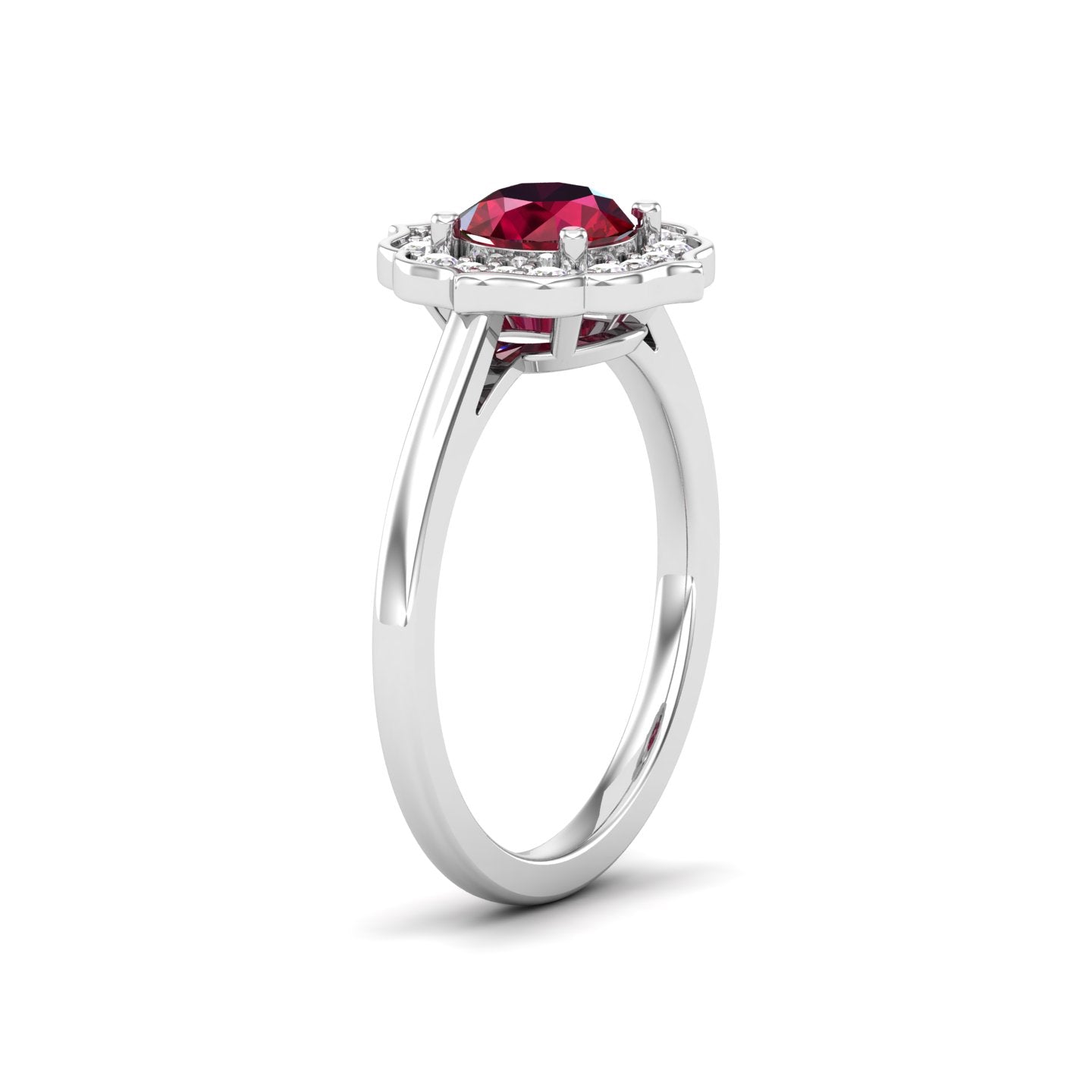 Maurya Round Ruby Hot Flower Engagement Ring with Diamond Halo