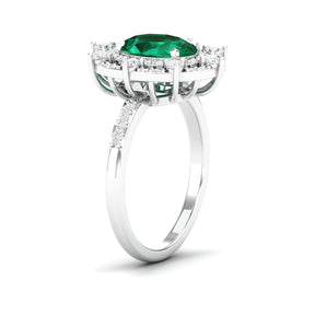 Maurya Oval Emerald Strain Tribe Engagement Ring with Diamond Halo