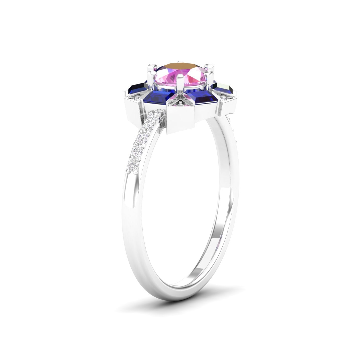 Maurya Spiritual Center Pink Amethyst Halo Engagement Ring with Diamond and Sapphire