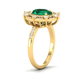 Maurya Oval Emerald Strain Tribe Engagement Ring with Diamond Halo