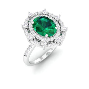 Maurya Oval Emerald Strain Tribe Engagement Ring with Diamond Halo