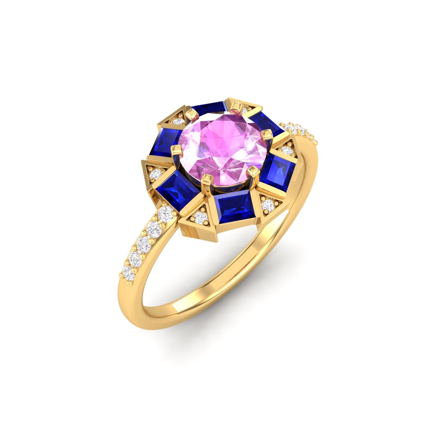 Maurya Spiritual Center Pink Amethyst Halo Engagement Ring with Diamond and Sapphire