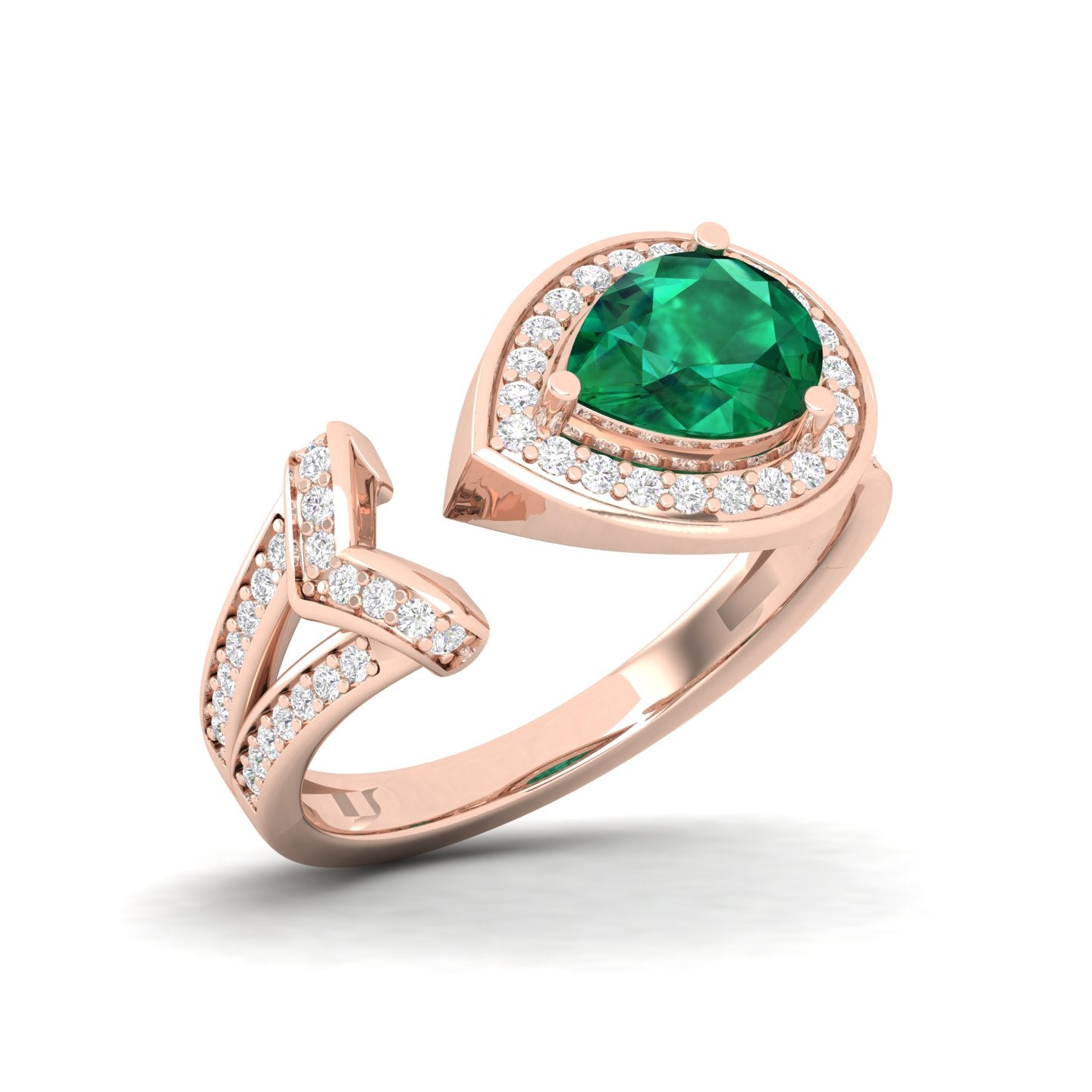 Maurya Pear Emerald Open Living Leaf Engagement Ring with Diamond Halo