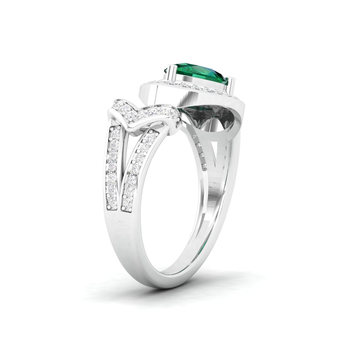 Maurya Pear Emerald Open Living Leaf Engagement Ring with Diamond Halo