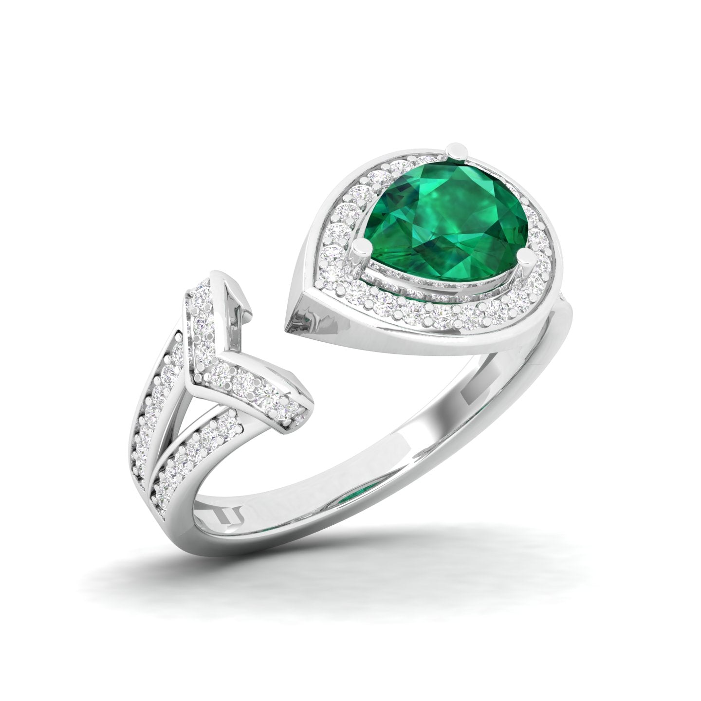 Maurya Pear Emerald Open Living Leaf Engagement Ring with Diamond Halo