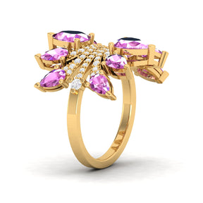 Maurya Graduated Pink Amethyst Lotus Cocktail Ring with Accent Diamonds