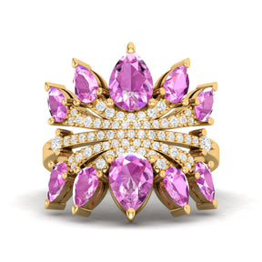 Maurya Graduated Pink Amethyst Lotus Cocktail Ring with Accent Diamonds